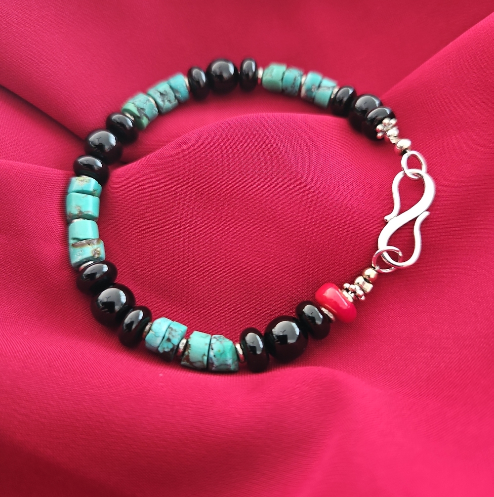 Turquoise and Onyx Bracelet with Red Corral Accent
